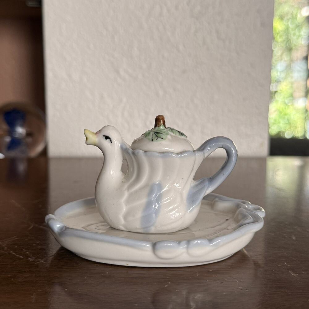 Vintage Mini Ceramic Swan Tea Set On Tray Teapot